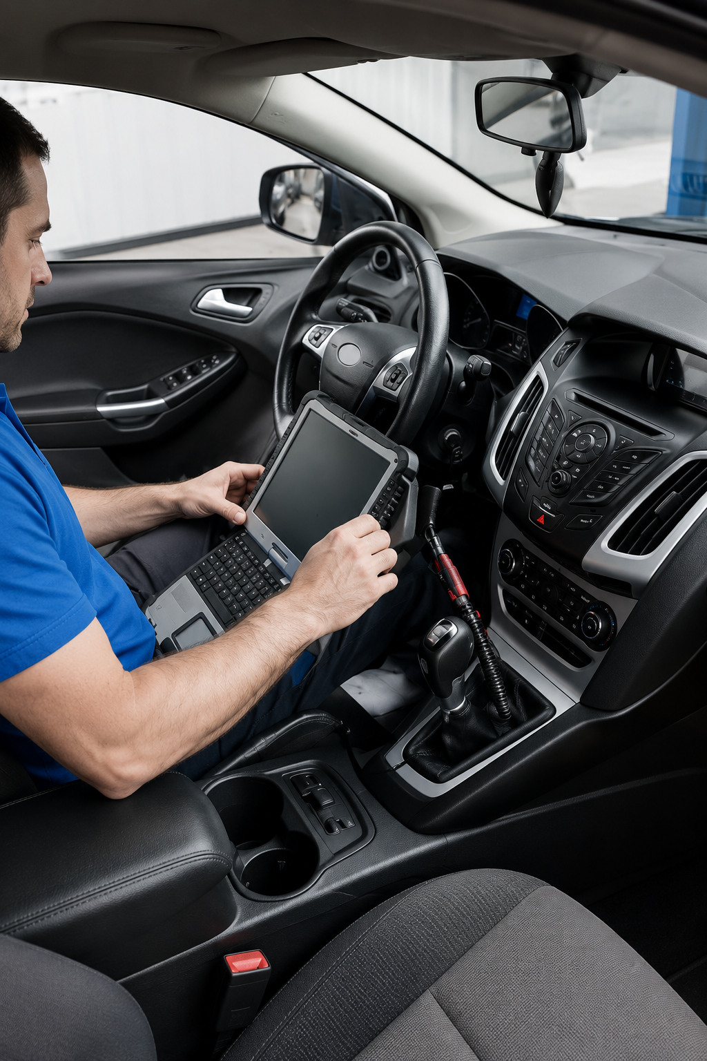 Technician with a diagnostic terminal