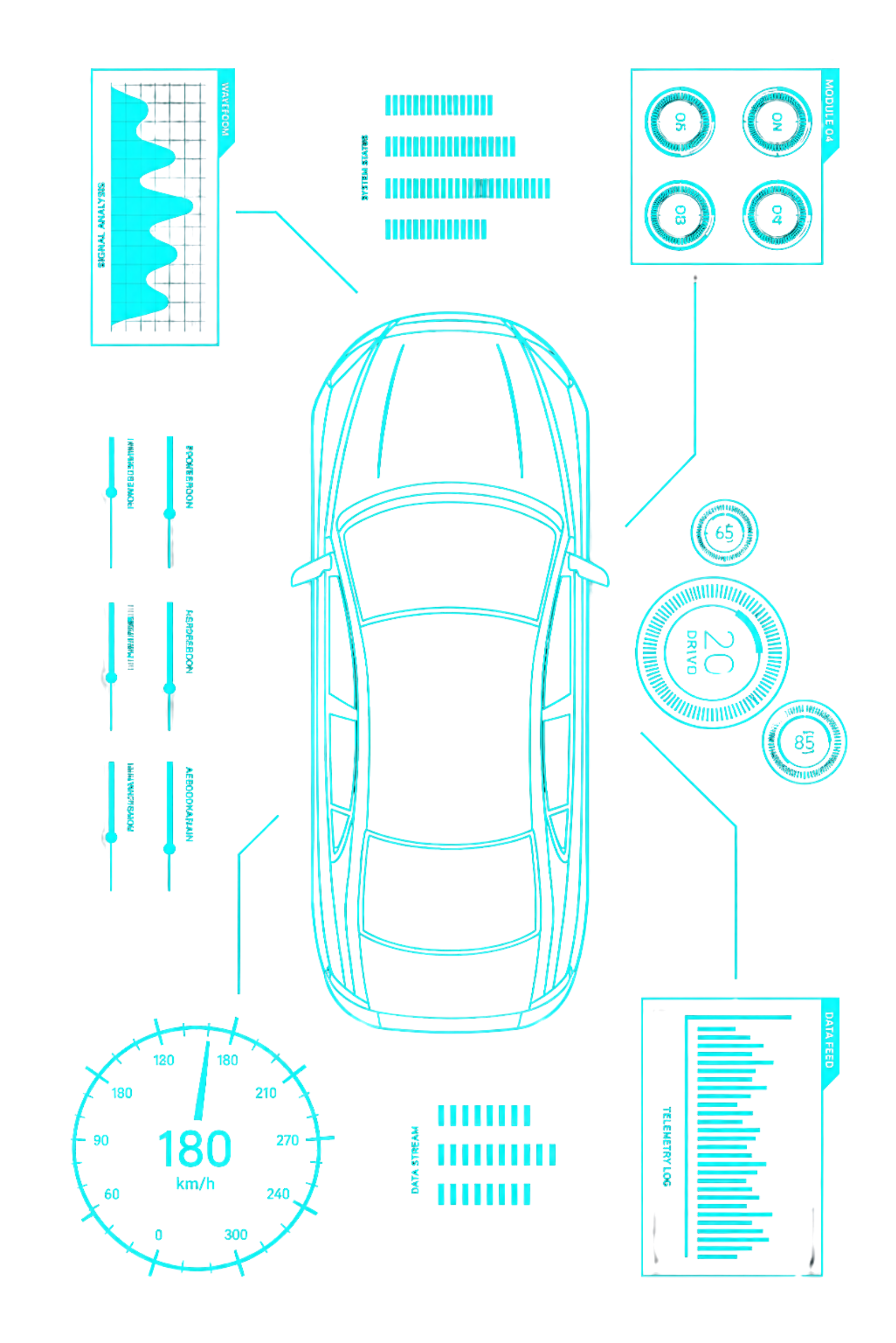 Turquoise HUD dashboard schematic with top-down vehicle and gauges