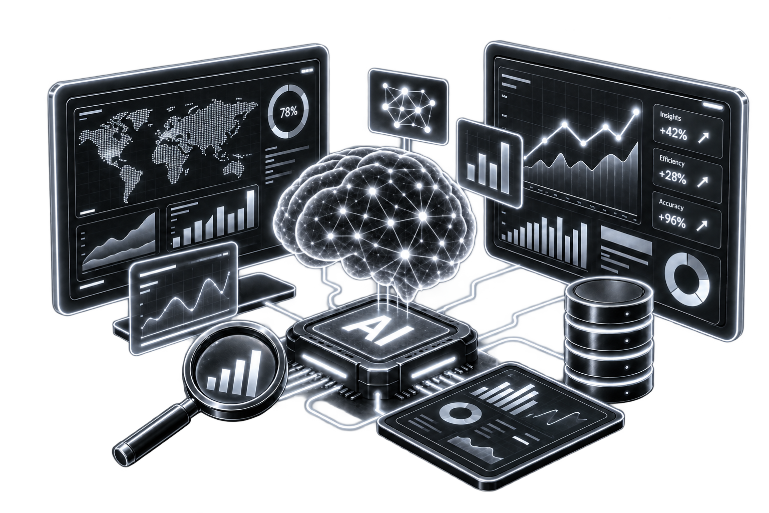 AI chip and brain surrounded by analytics dashboards and charts